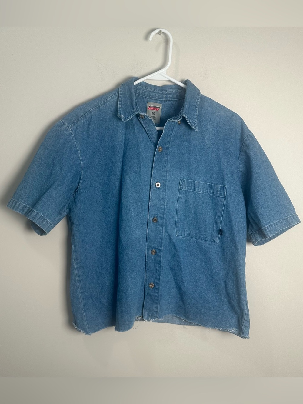 Dickies Denim Work shirt Medium Cropped Raw Hem Biker Alt Short Sleeve